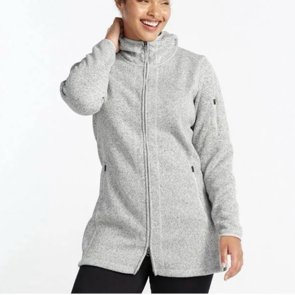 LL Bean Gray Sweater Knit Fleece Coat Hood Pockets Full Zip XL
